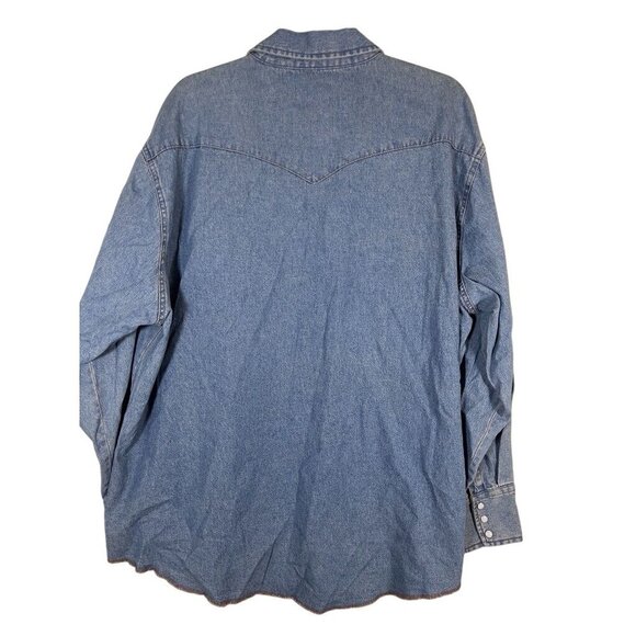 Wrangler Denim Shirt 2XL Blue Pearl Snap Western Cowgirl Rodeo Fringe Boho 80s - Picture 9 of 10
